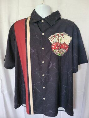 Men's Black Button-Down Shirt W/Red Tan Stripe Royal Flush Casino Poker XL